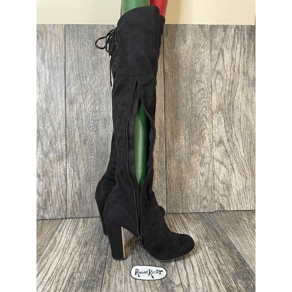 Material Girl Over the Knee High Black Velvet Stretch Boots Women size 5.5 - Picture 9 of 12